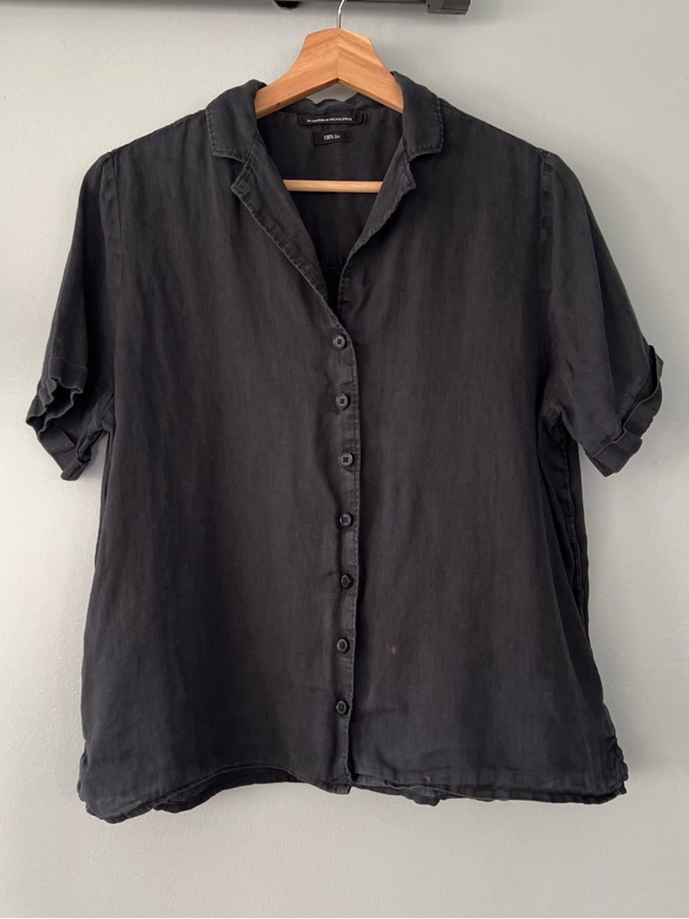 Monoprix Relaxed 100% Linen Black Short-Sleeve Button-Down Shirt